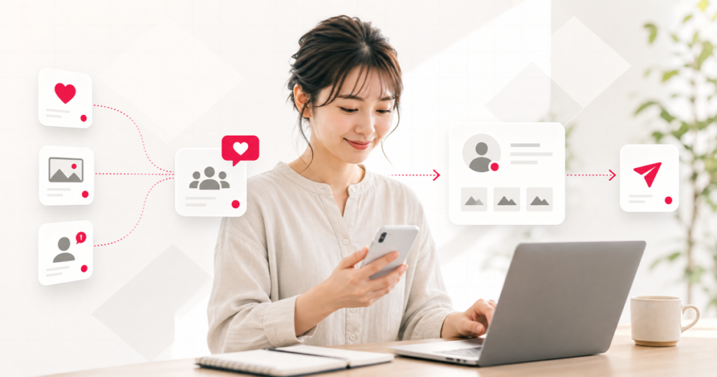 SNSと募集ページを組み合わせてメンバーを募集するイメージ
